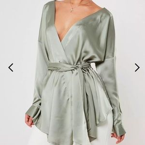 Oversized Plunge Tie Waist Blouse